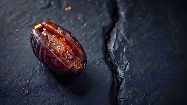 Dark matte date fruit split open revealing glowing liquid gold inside