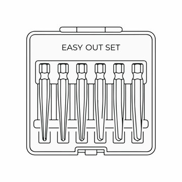 Line art illustration of a screw extractor set in a plastic storage case with six metal tools arranged vertically inside a rectangular box
