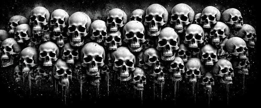 dark grunge texture multiple human skulls stacked together dripping liquid paint horror halloween danger warning skeleton bones death mortality spooky gothic theme