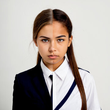 split screen portrait of a female person showing a serious expression with one half in dark shadow wearing a jacket and the other half in bright light wearing a white shirt.