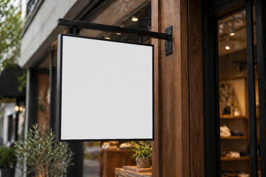 Blank square hanging sign mockup on wooden shop facade, empty storefront logo board template for boutique branding