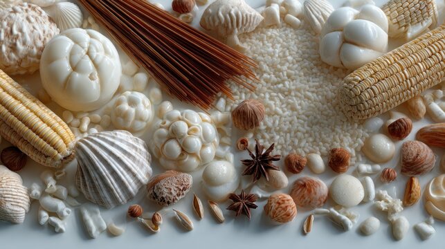 Unique assortment of natural textures showcasing contrast, shells, grains and spices