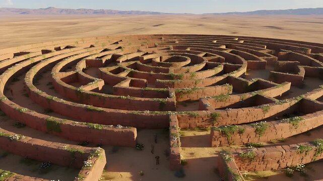 Intricate aerial view reveals a vast circular stone labyrinth constructed in a barren desert landscape, challenging explorers to navigate its complex, winding paths under a clear sky.