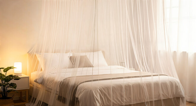 Cozy bedroom with mosquito net and warm lighting in modern style  