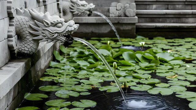 Elaborate stone dragon sculptures fountain feature pouring fresh water into a tranquil koi pond filled with lush green lily pads and beautiful blooming white flowers in a garden