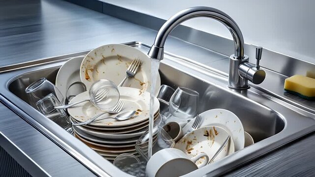 Dirty plates and glasses piled up in a stainless steel kitchen sink while fresh clear water flows from the modern chrome faucet into the cluttered dish basin below
