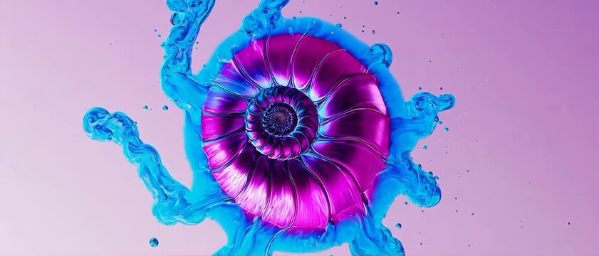 Abstract Ferrofluid Nautilus Shell Morphing with Magenta and Cyan Liquid