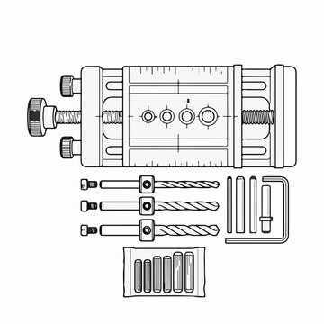Technical line art illustration of a woodworking doweling jig tool set with drill bits and depth stop collars on white background