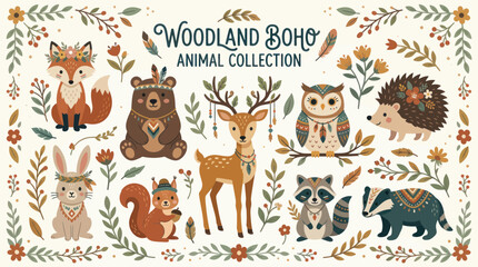 Fototapeta premium Woodland Boho Animal Collection: Fox, Bear, Deer, Owl, Hedgehog, Rabbit, Squirrel