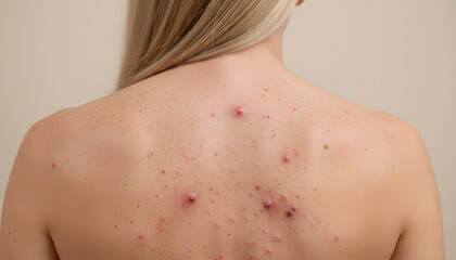 Naklejka premium The back of a woman with skin imperfections, acne, and rashes, in a neutral indoor setting.