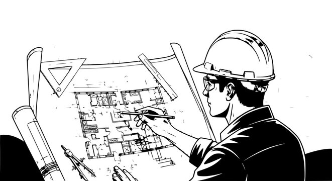 engineer working on construction plans
