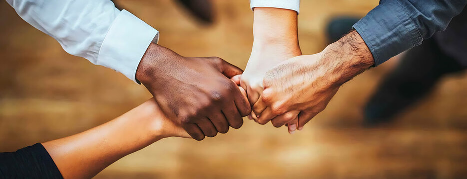 Close-up of diverse business people holding hands in a circle, symbolizing teamwork, collaboration, and unity in a workplace environment, top-down view