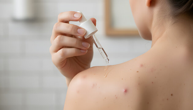 Woman applying skincare oil to her shoulder in bathroom, rashes on her back, acne on her skin.  