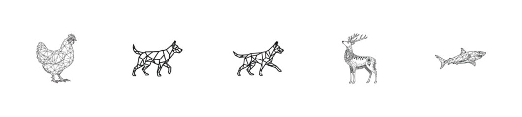 Fototapeta premium A collection of five distinct animal illustrations including a chicken, two dogs, a deer, and a shark.