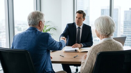 Fototapeta na wymiar Senior couple shaking hands with financial advisor or lawyer in a modern corporate office, retirement planning, investment, and legal agreement concept