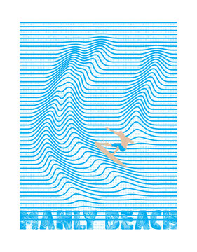 t-shirt print design, illustration of man surfing manly beach t-shirt design. abstract white blue color graphic design for apparel clothing . transparent PNG light and dark color background.
