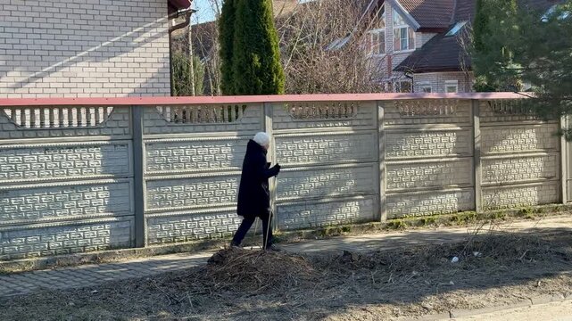 Woman walking along concrete fence, using Nordic pole, wearing dark coat and hood, lea strewn path and spring foliage, sunlit