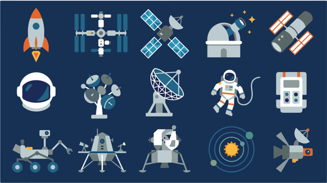 Space Exploration Icons Set Rockets, Astronauts, and Satellites