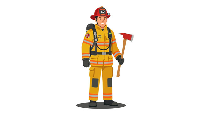 Firefighter in yellow uniform standing.