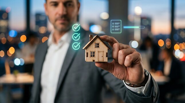 Professional Man Holds Miniature Wooden House with Checkmarks, Representing Successful Real Estate Investment and Home Ownership in a Modern Business Environment