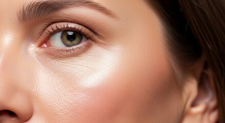 Fototapeta premium Close up view of refined mature complexion featuring subtle highlighter glow and smooth texture for premium anti-aging beauty care, luxury, anti-aging, shine