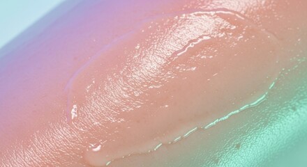Fototapeta premium Detailed view of radiant, moisturized skin under soft pastel studio lighting. The dewy complexion glows with a healthy and natural shimmer, reflection, macro, serum