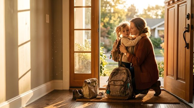 Loving mother kneeling to hug her young daughter at the open front door before school during a warm golden sunrise