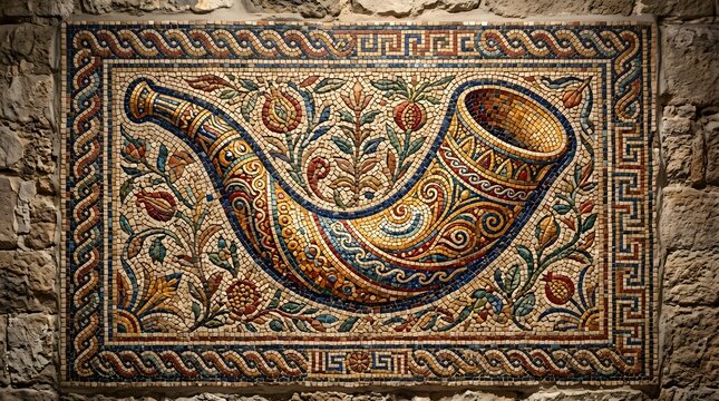 Shofar and pomegranate mosaic art for yom kippur holiday