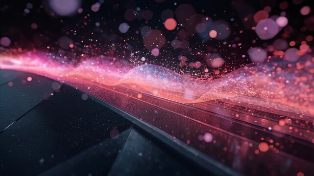 Sparkling pink data wave particle bokeh over dark geometric surface with glowing motion