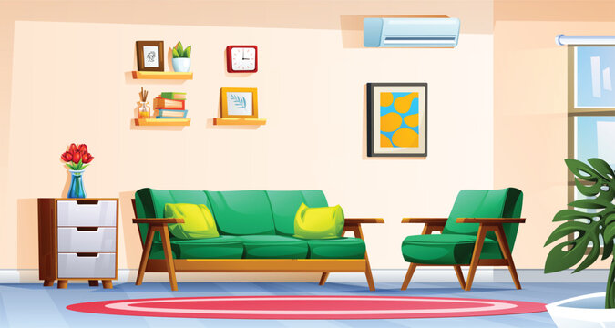 Cozy empty living room interior with green sofa, armchair, rug and drawer cabinet. Vector cartoon illustration
