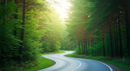 Fototapeta premium A winding paved road stretching into a dense green forest with tall pine trees and soft sunlight filtering through the lush canopy leaves, trip, misty, perspective