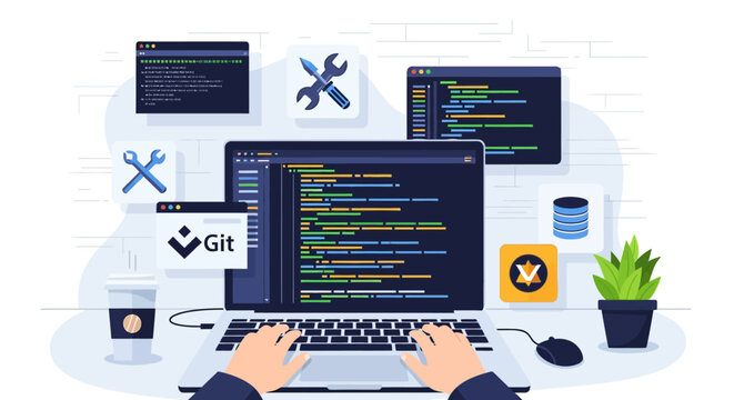 Software Development Workplace with Laptop and Code