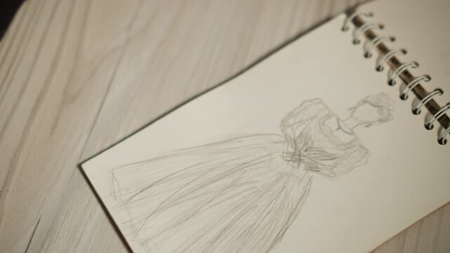 Artistic sketch of dress in studio setting. Closeup of gown sketch showing shading and binding. Venues of creative work are captured with detailed gown illustration and shaded textures