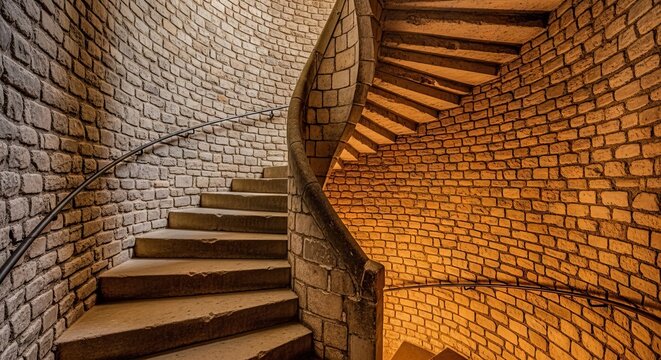 A winding stone spiral staircase ascends within a medieval castle tower, featuring weathered masonry walls and atmospheric shadow lighting, steep, limestone, castle