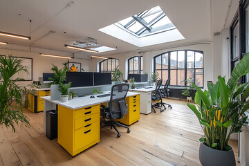 Fototapeta premium Bright office interior with wooden floors, yellow storage cabinets, skylights, large windows, and green potted plants on desks and the floor area
