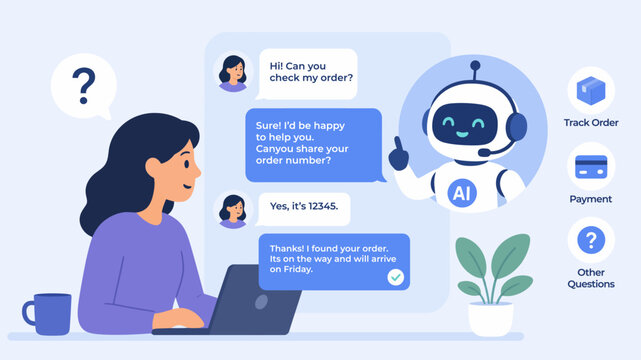 Modern vector illustration of a woman using a laptop to interact with an AI chatbot for customer service support
