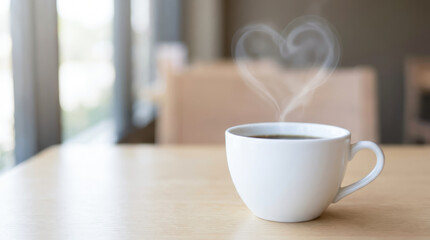 Fototapeta premium Steaming hot coffee in white cup with heart shaped steam rising, placed on wooden table in cozy indoor setting