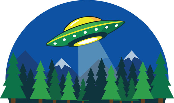 UFO Emitting Light Beam Over Pine Forest Landscape. Green flying saucer emits a beam of light over a dark pine forest area