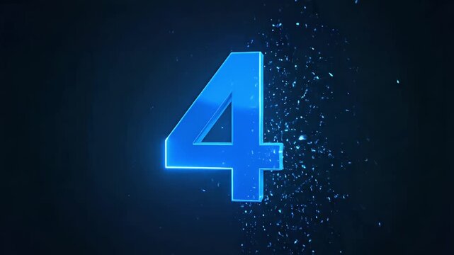 Glowing blue 3D number 4 animation with particle effects and neon outline on dark background