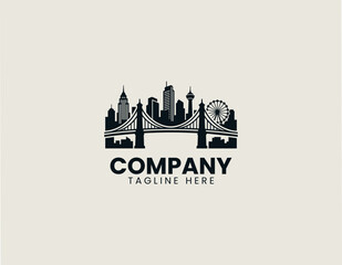 Obraz premium City Skyline Suspension Bridge Minimalist Black Vector Logo Urban Landmark Design