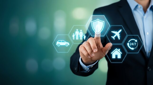 Businessman accessing comprehensive digital insurance services on a virtual interface, symbolizing future protection and advanced security solutions