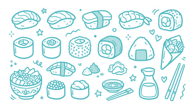 A collection of cute hand-drawn sushi and Japanese food illustrations in a simple, clean style.
