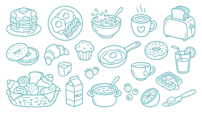 Collection of hand-drawn breakfast food icons and illustrations in a simple line art style.