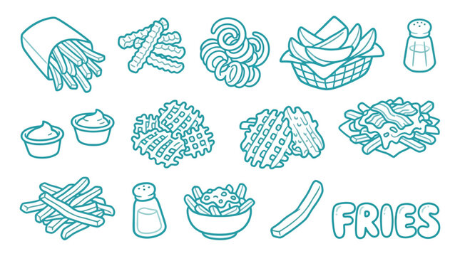 Collection of various types of french fries and potato snacks with dipping sauces and salt shakers.