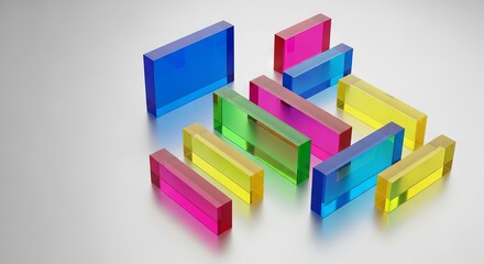 Fototapeta premium Modern acrylic rectangles scattered across a glossy pearl background with subtle reflections and a clean minimalist aesthetic composition, abstract, rectangles, blocks