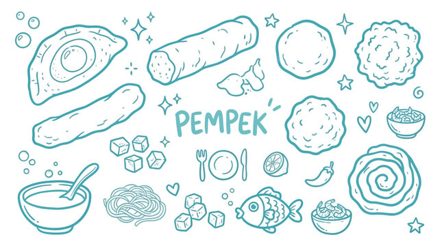 Hand-drawn illustration of various Indonesian Pempek dishes and ingredients, presented in a playful doodle style.