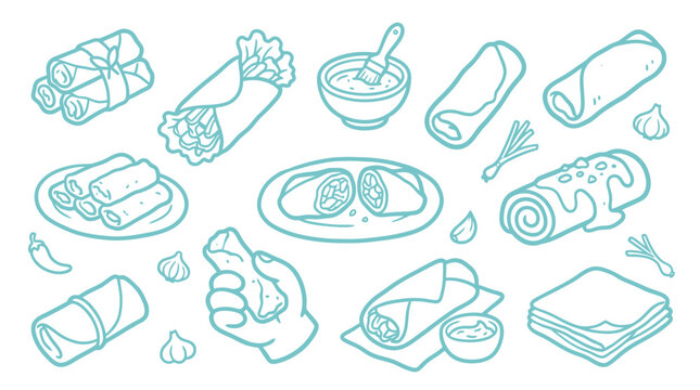 Collection of hand-drawn spring rolls and ingredients in a simple line art style.
