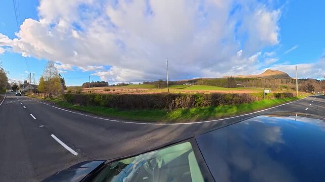 Travel on Scottish Roads Through Rural A and B Countryside of UK. Car Window Mounted Camera Ultra Wide Angle Footage of Car Travel on British Country Road and Highways of Scotland on Car Travel.