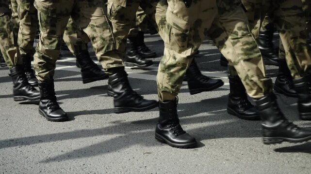 Uniformed soldiers in camouflage fatigues and black combat boots march in synchronized formation along a city street with clear road markings during a disciplined parade
