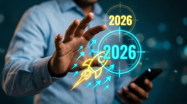 Innovative businessman launches rocket symbolizing ambitious 2026 goals and future growth